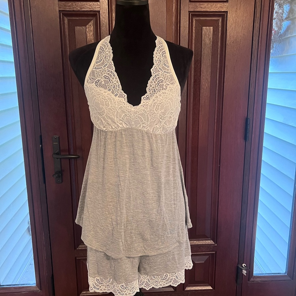 Elegant Lace Trim Gray Sleepwear Set